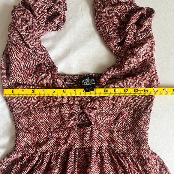 Angie Women's Boho Twist Keyhole 3/4 Sleeve Mini Dress Red Brown Size Large - Picture 6 of 9